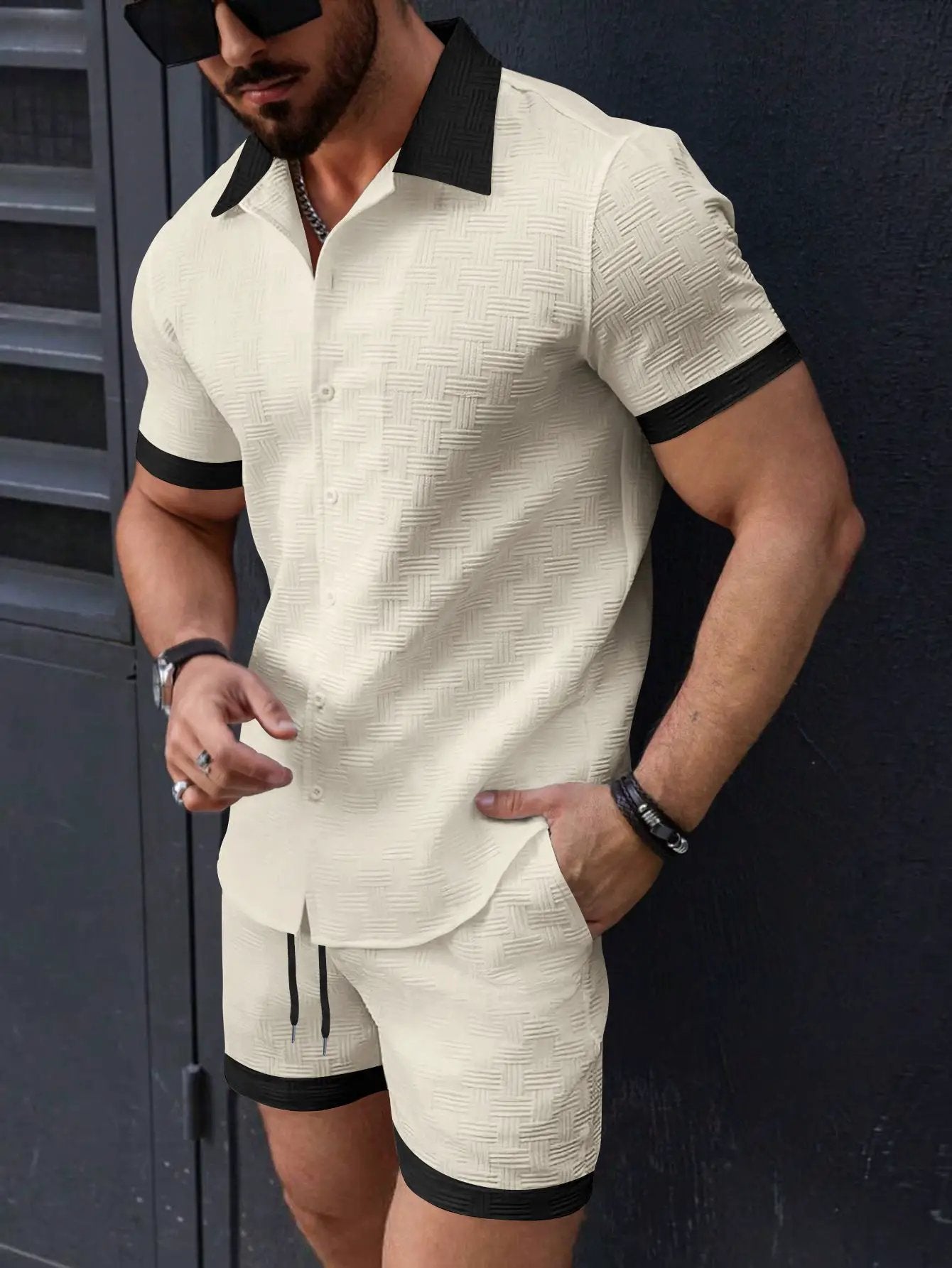 Mens Casual Color-Block Short-Sleeve Shirt And Shorts Beach Set by GJG Denim