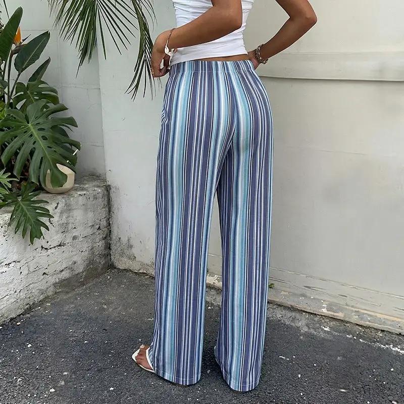 Draped Blue And White Striped Wide-leg Pants With An Elastic Waistband by GJG Denim