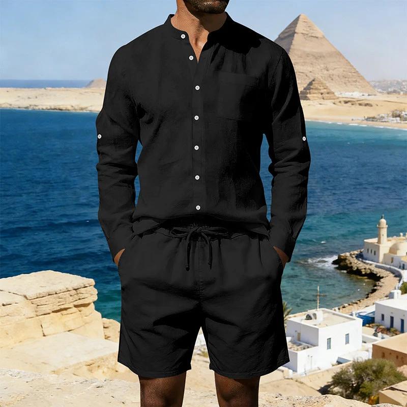 Men's Casual Linen Shirt And Shorts Set by GJG Denim