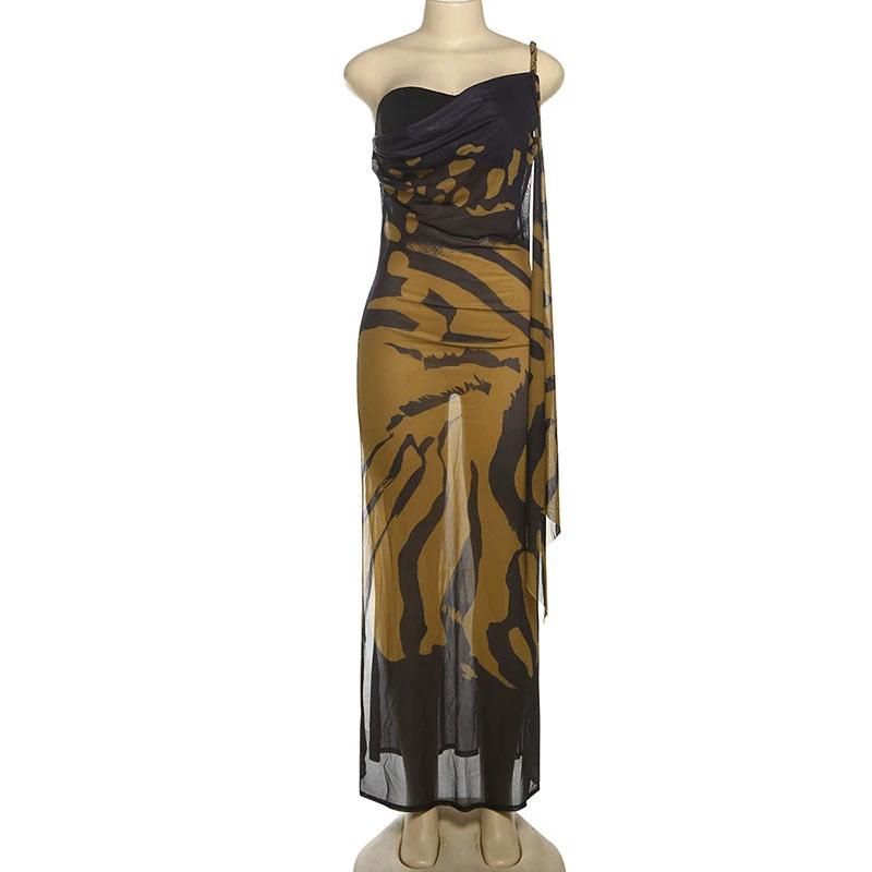 Elegant One Shoulder Printing Color Contrast Mesh Slim Fit Slimming Dress by GJG Denim