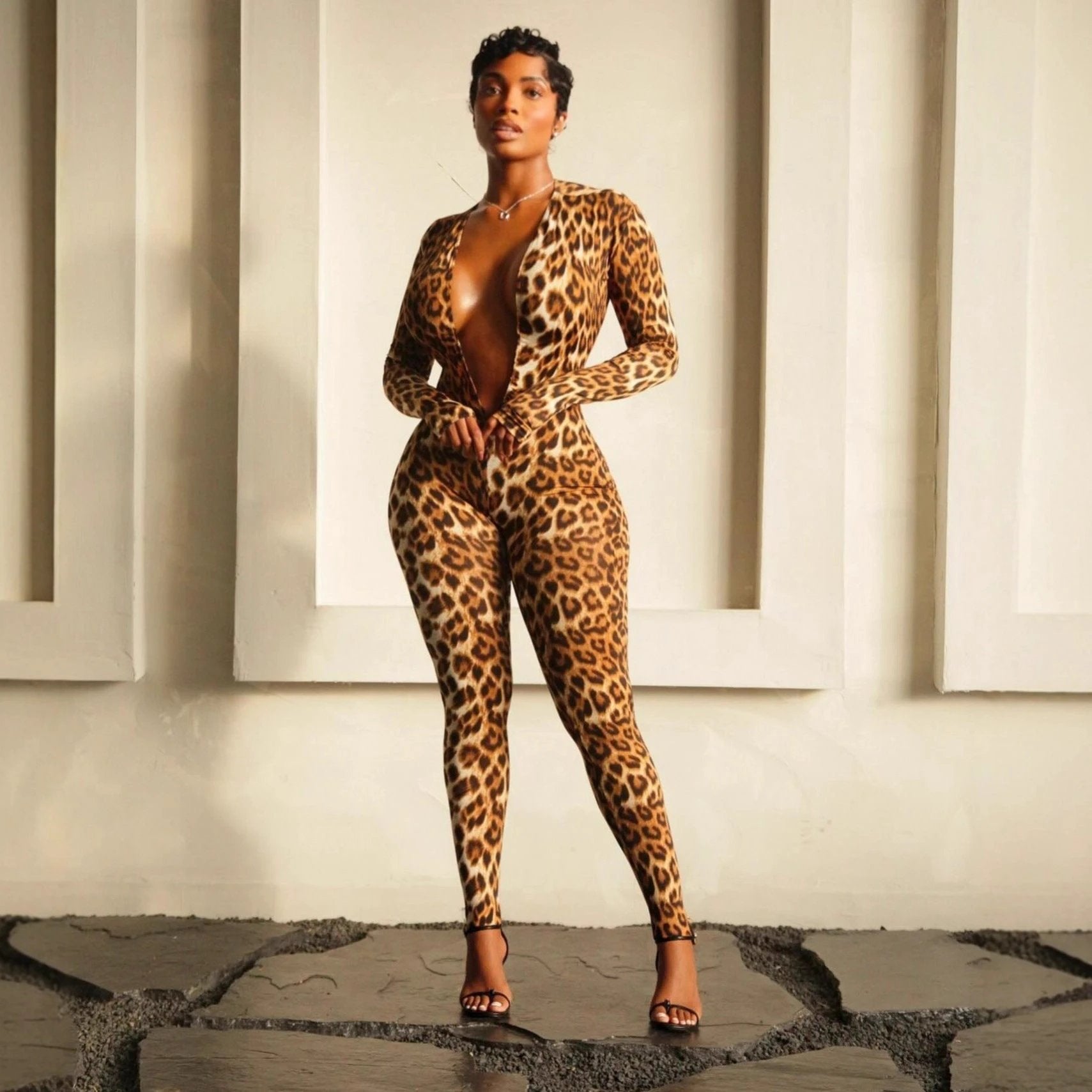 Womens Fashion Long Sleeve Leopard Print Jumpsuit by GJG Denim