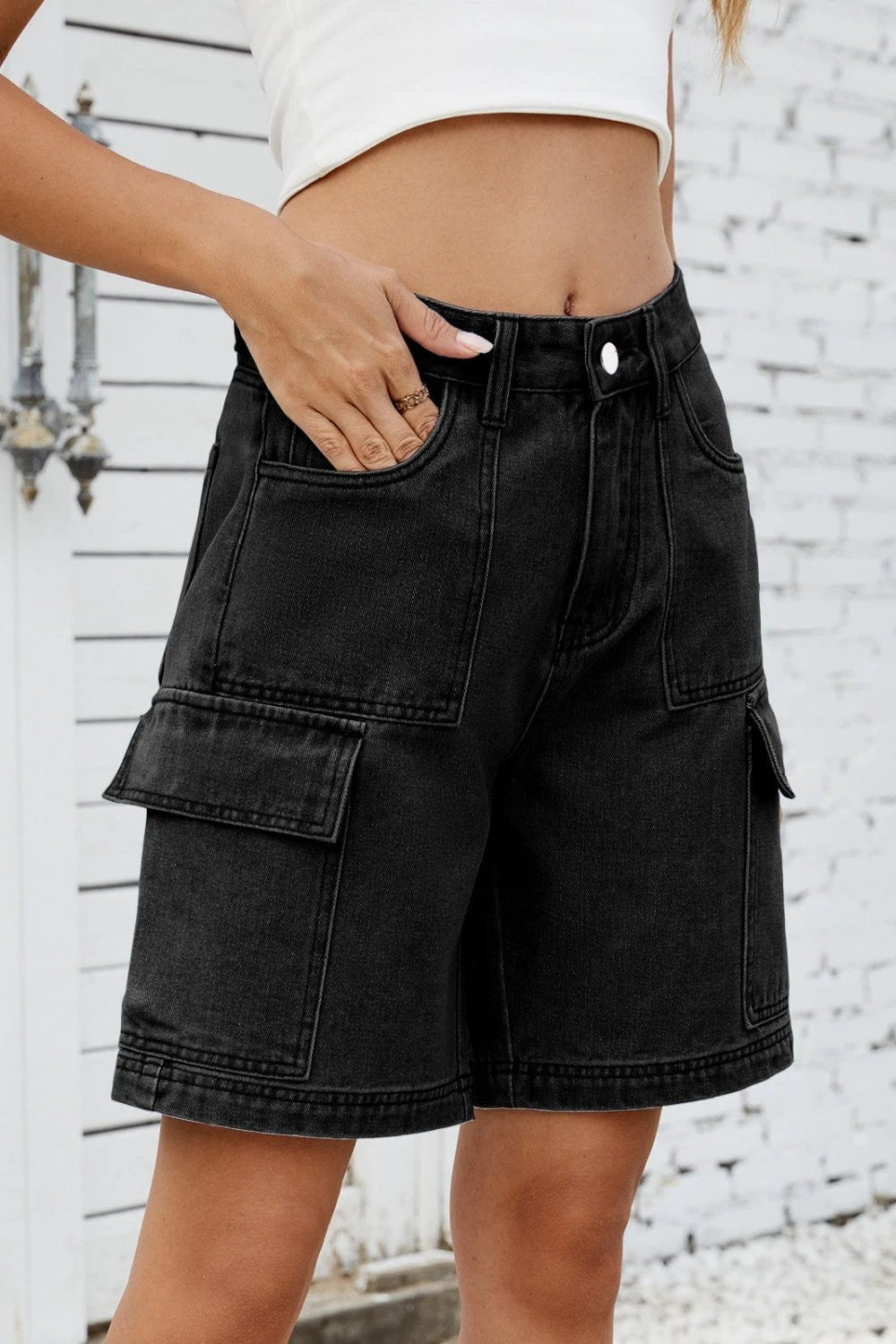 High Rise Denim Shorts with Cargo Pockets by Lady Ros