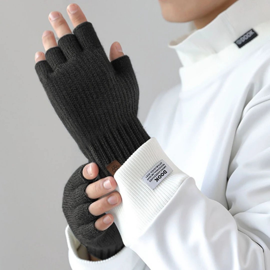 Men's Outdoor Knitted Thermal Fleece-Lined Half-Finger Gloves by GJG Denim