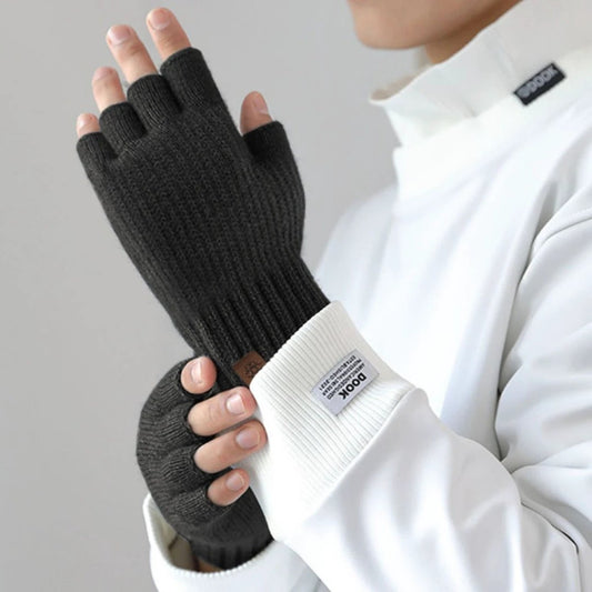 Men's Outdoor Knitted Thermal Fleece-Lined Half-Finger Gloves by GJG Denim