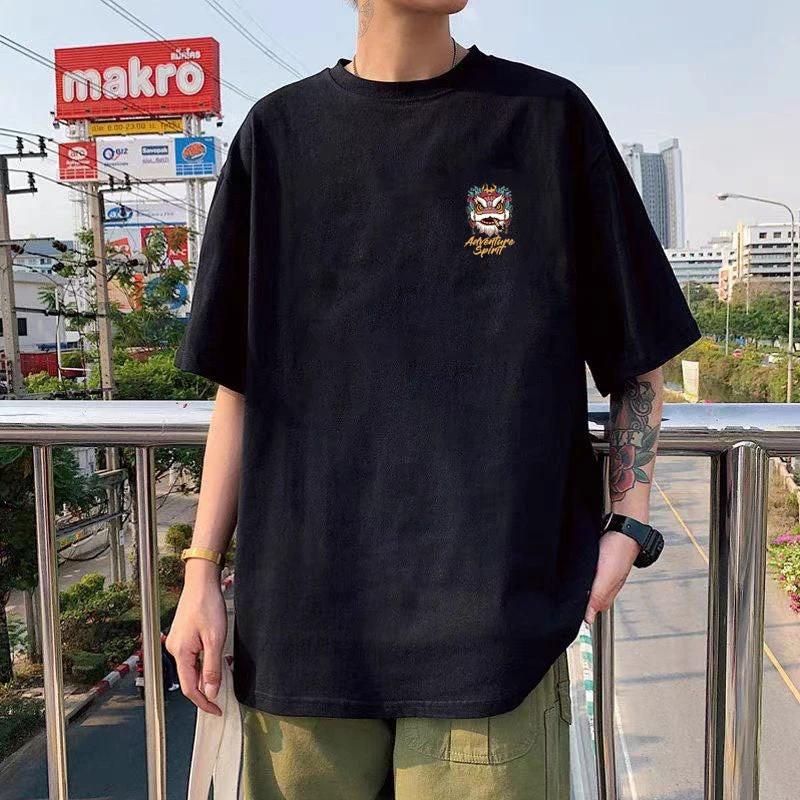 Cotton Short Sleeve Loose Round Neck Printed Shirt by GJG Denim