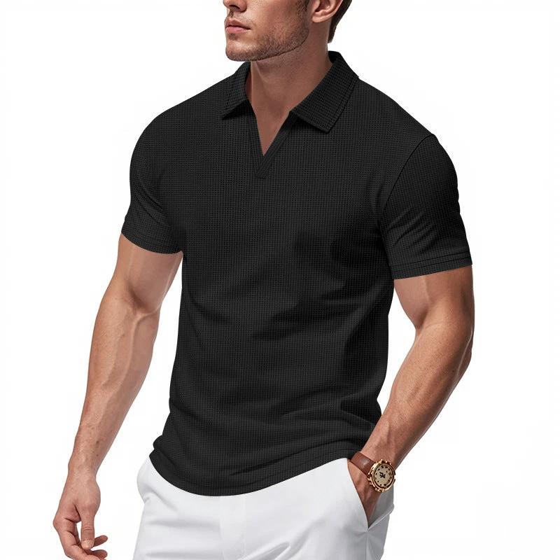 Summer Men's Loose Leisure Sports V-neck Waffle Short Sleeve Lapel Polo Shirt Men by GJG Denim