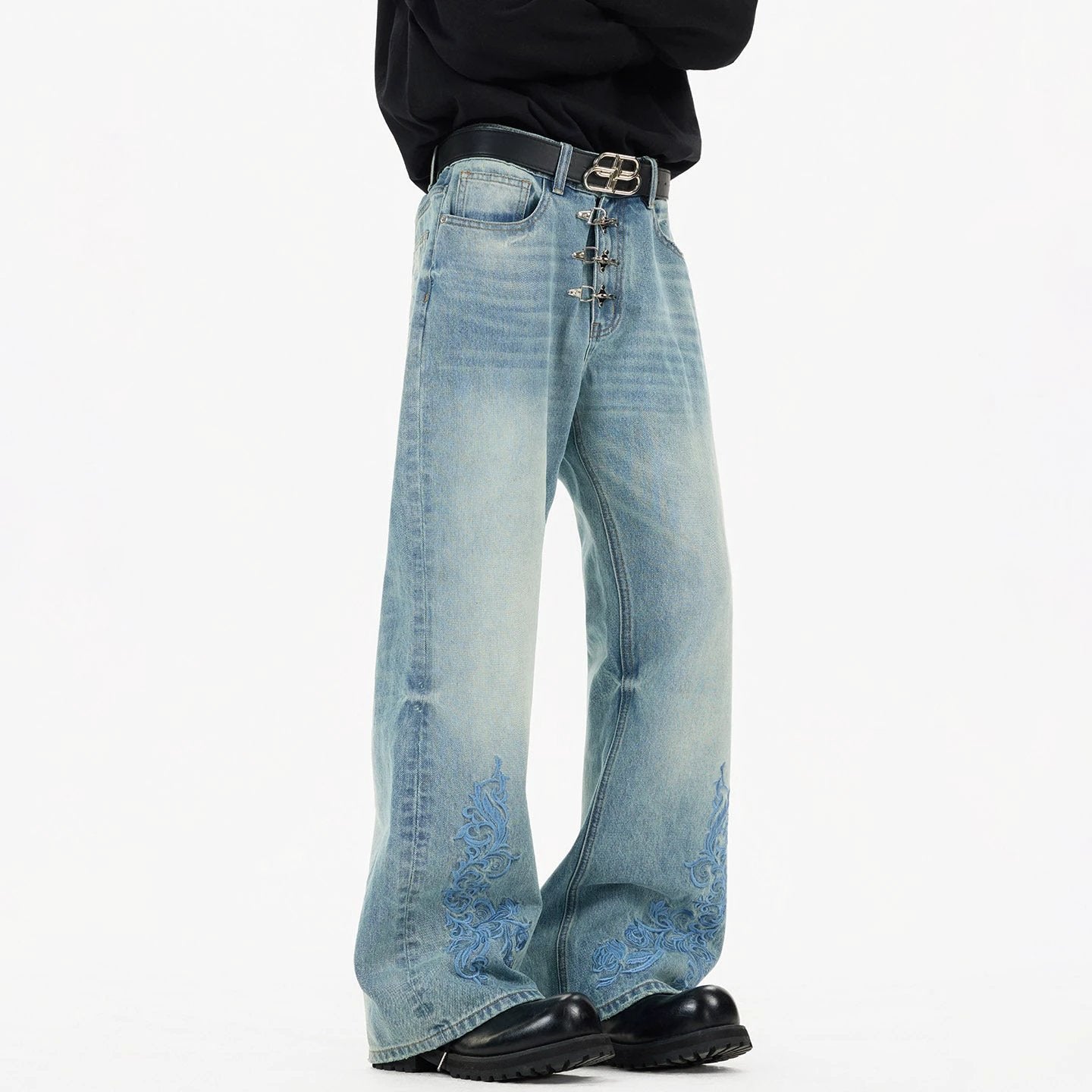 Men's Distressed Loose Straight-leg Bootcut Jeans by GJG Denim