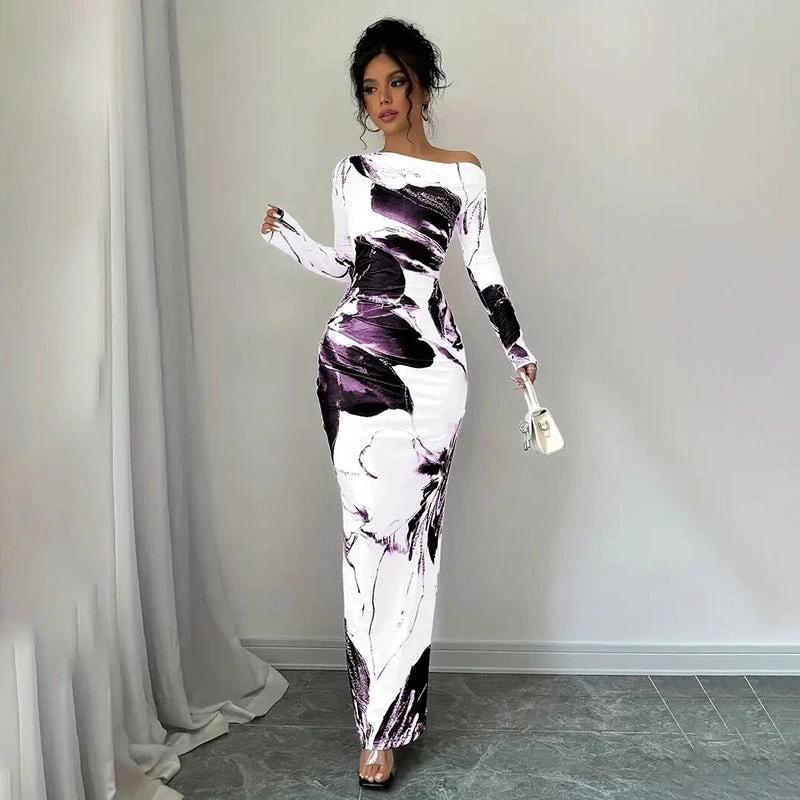 Women's Elegant Off-Shoulder Tie-Dye Floral Bodycon Dress Stretchy Season Party & Casual Dress by GJG Denim