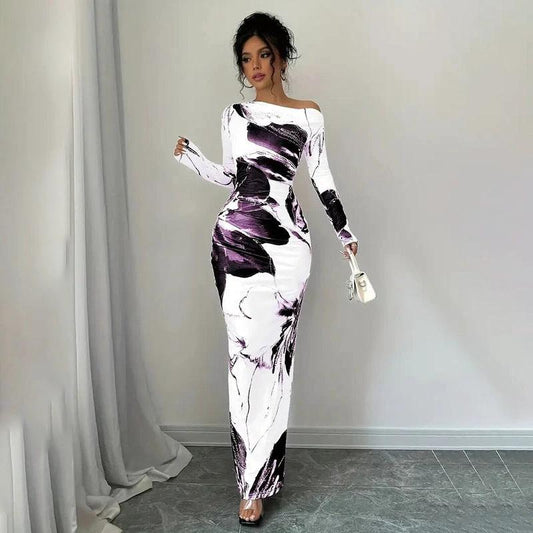 Women's Elegant Off-Shoulder Tie-Dye Floral Bodycon Dress Stretchy Season Party & Casual Dress by GJG Denim
