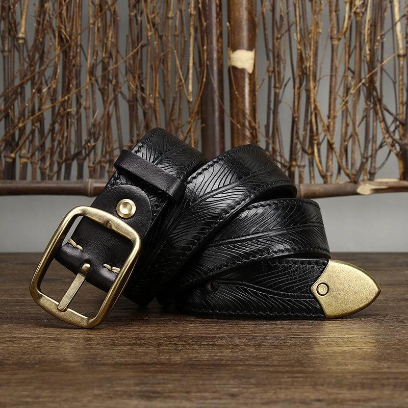 Men's 3.8CM Wide Thick Double-sided Cowhide Brass Buckle Belts by GJG Denim