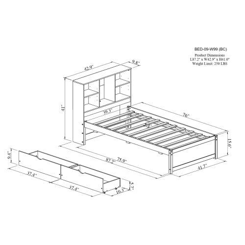 Modern Twin Size Bed Frame With Built-in USB Port On Bookcase Headboard And 2 Drawers Walnut Color by GJG Denim