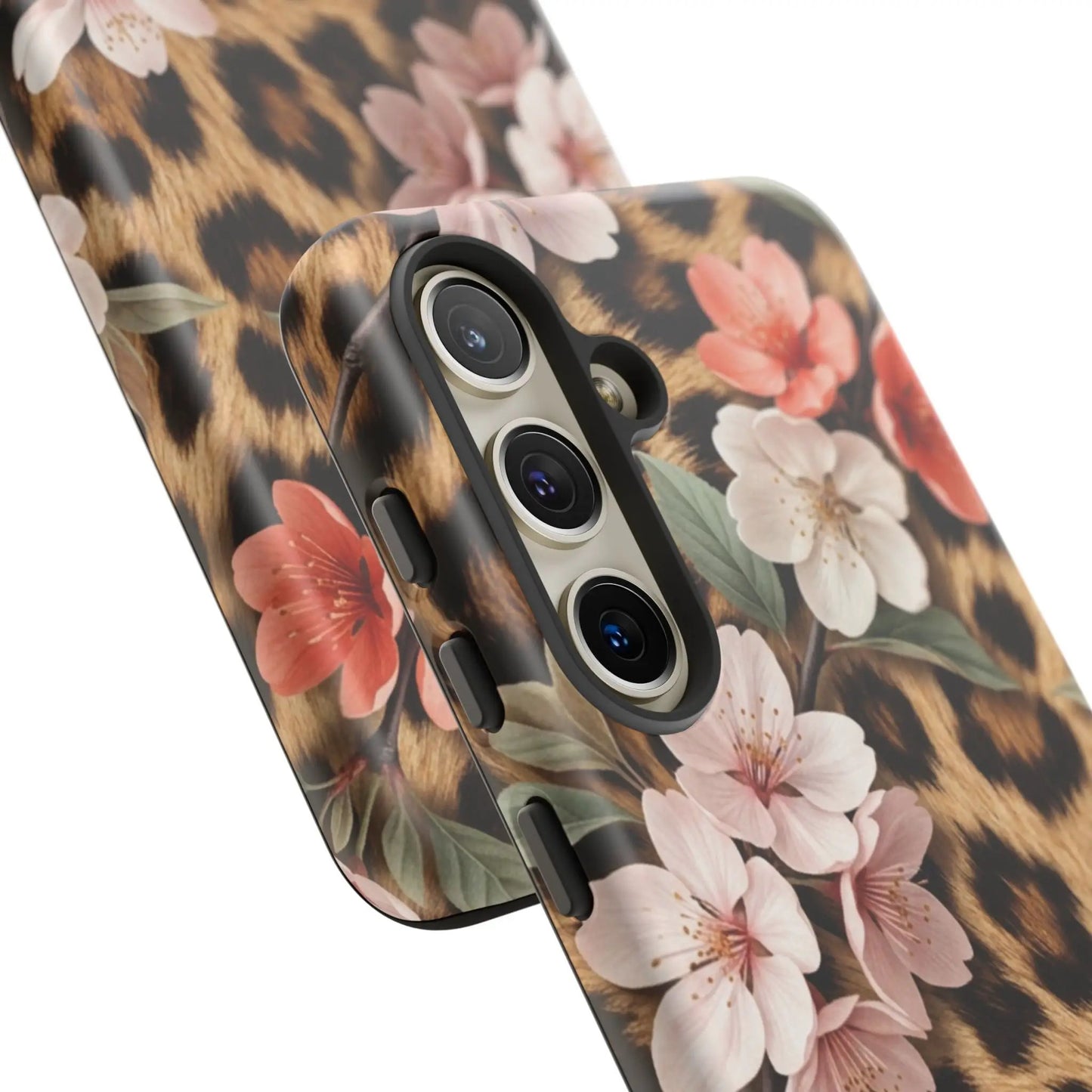 Leopard Floral Tough Case — Protective Phone Case with Pink Cherry Blossoms by Printify
