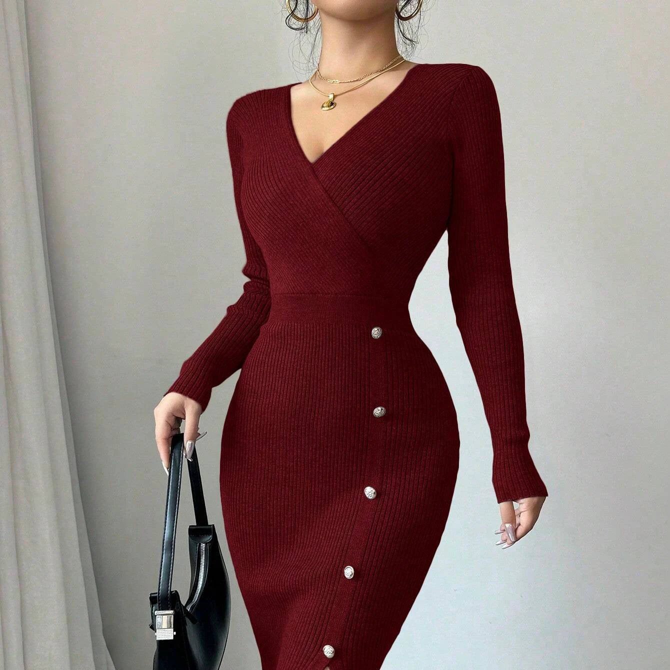 French Waist-tight Mid-length Sheath Inner Wear Base Skinny Knit Dress by GJG Denim