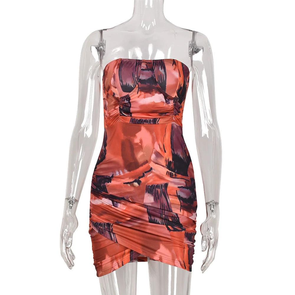 Women's Underwire Wrap Chest Cutout Pleated Cross-Wrapped Hip Dress by GJG Denim