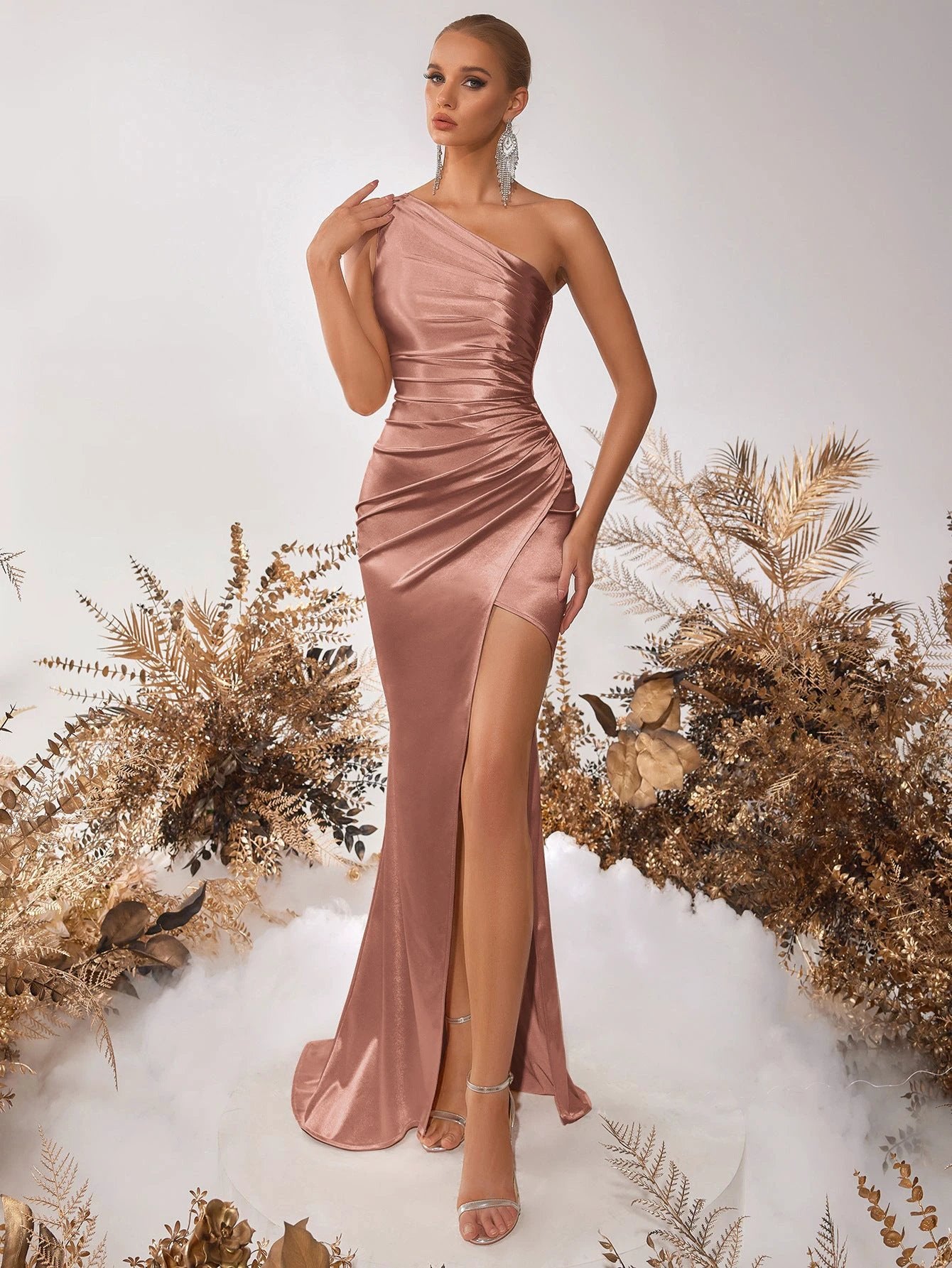 One-shoulder Pleated Slim Fit Slit Sexy Goddess Party Evening Dress by GJG Denim