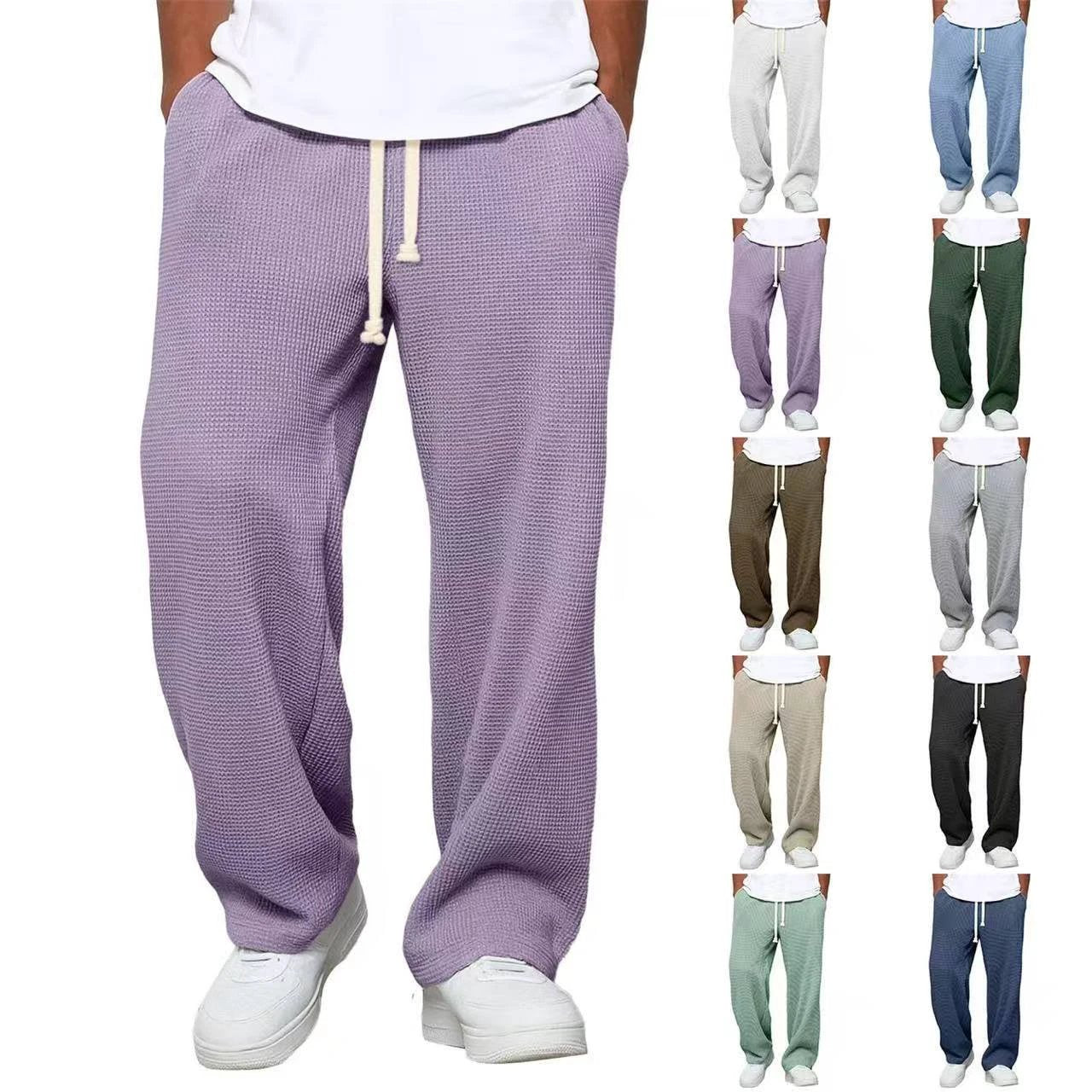 Men's Relaxed-fit Waffle-knit Wide-leg Leisure Pants by GJG Denim