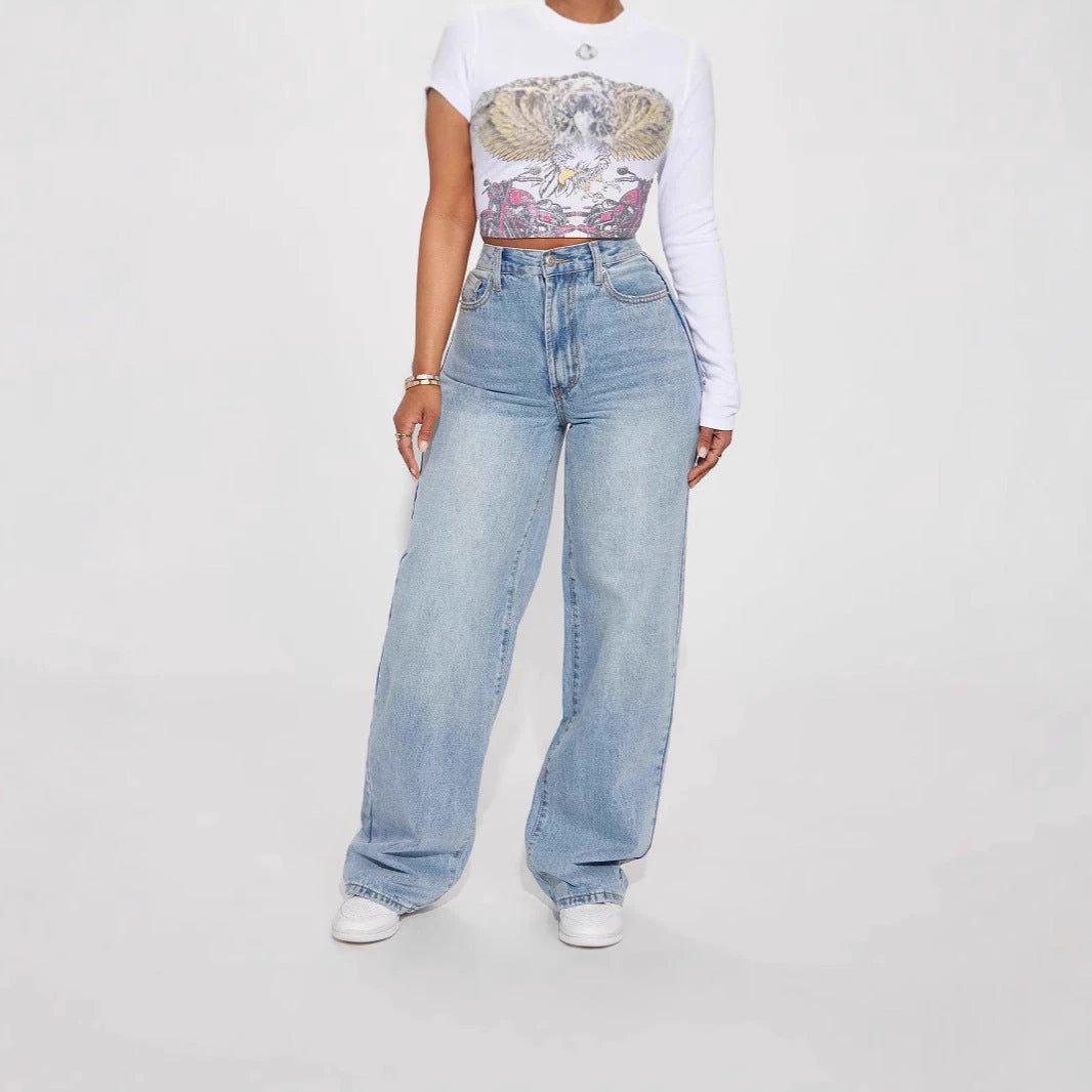 Euro-American Cross-Border Light Blue High-Waist Straight-Leg Jeans by GJG Denim