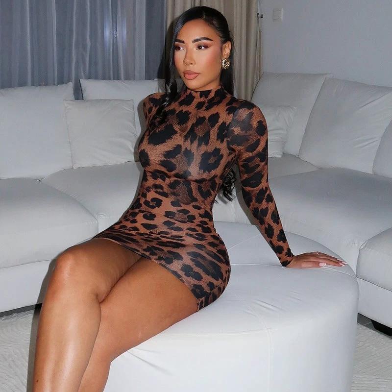 Fashionable Elegant Women's Printed Leopard Print Sexy Tight Hip dress by GJG Denim
