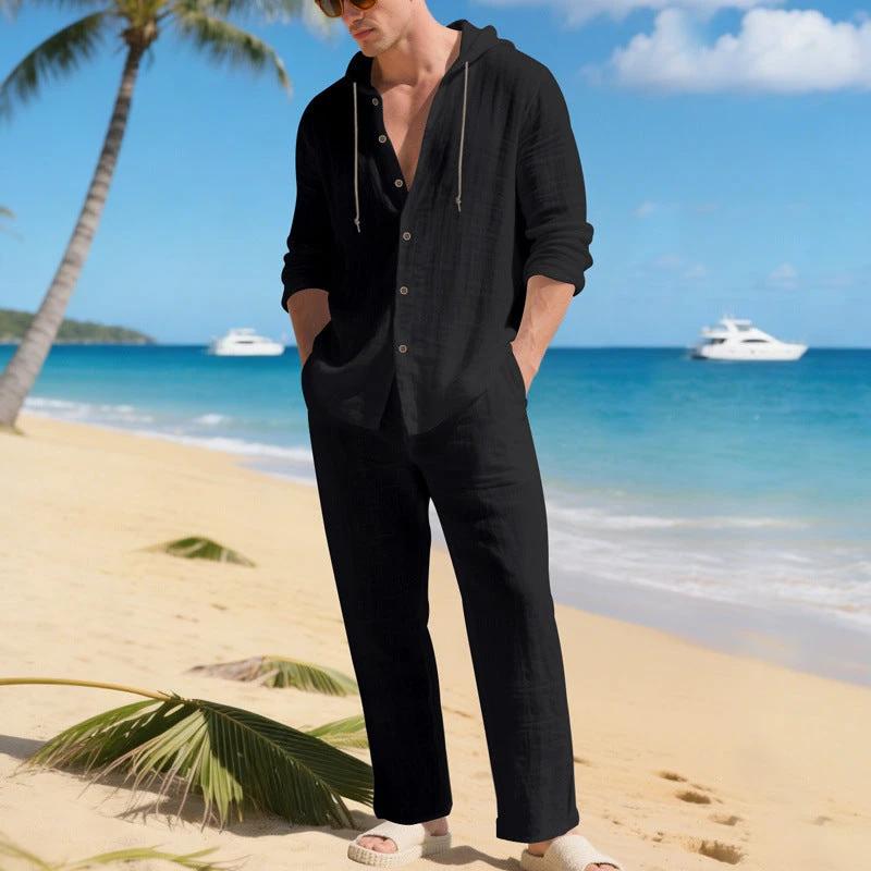 Loose, Breathable Linen Casual Hooded Long-sleeve Shirt And Pants Set by GJG Denim