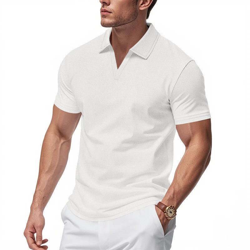 Summer Men's Loose Leisure Sports V-neck Waffle Short Sleeve Lapel Polo Shirt Men by GJG Denim