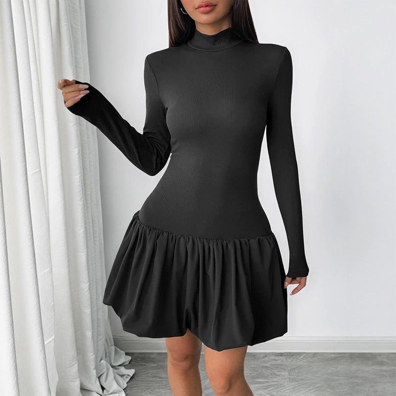 Simple Elegant Basic Turtleneck Long Sleeve Solid Color Dress by GJG Denim