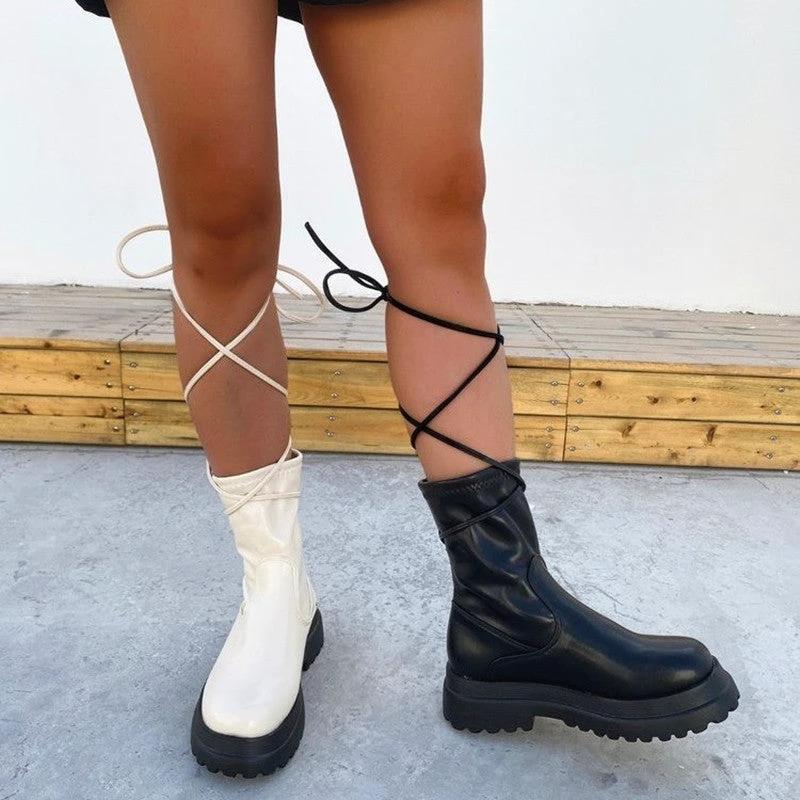 Platform Lace-up Middle Boots Plus Size Platform Heel Ankle Boots by GJG Denim