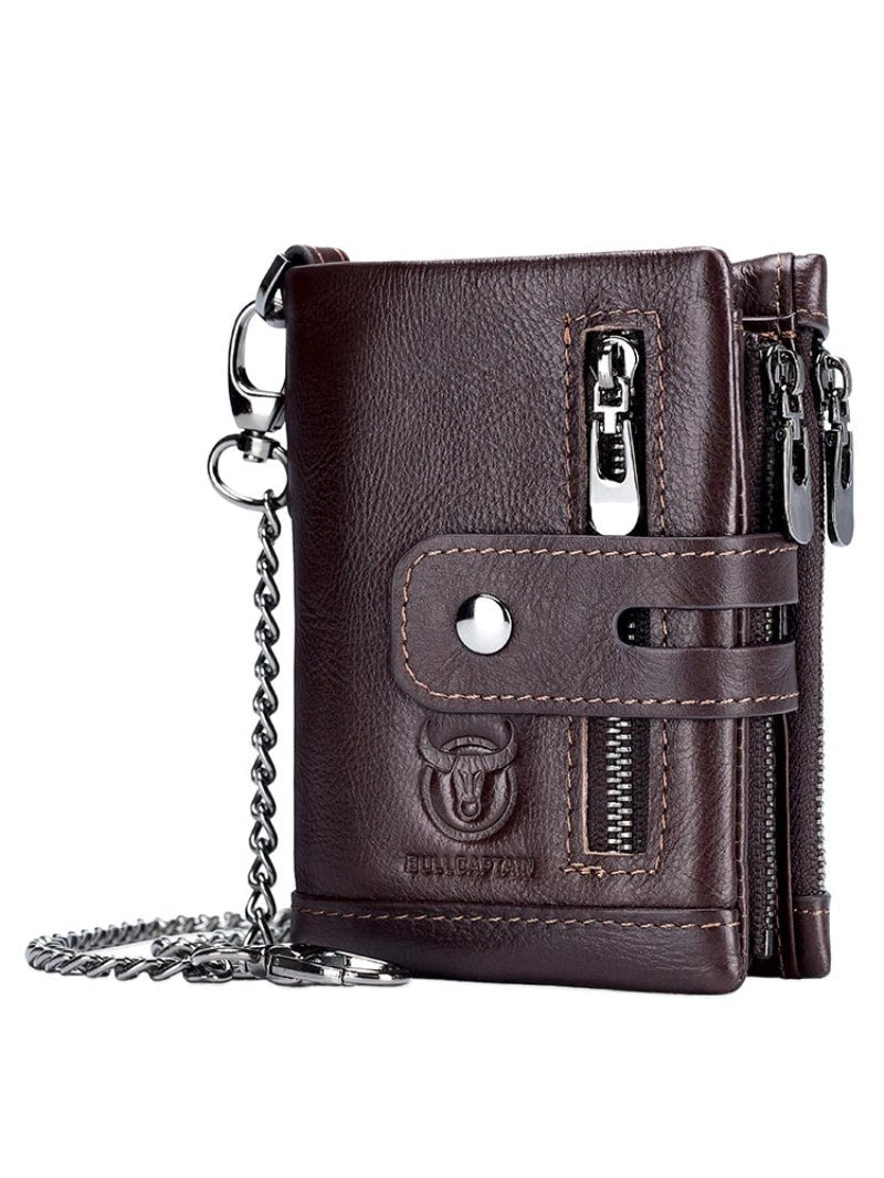 Men's Retro Genuine Leather Wallet Compact Bifold With Dual Zippers by GJG Denim