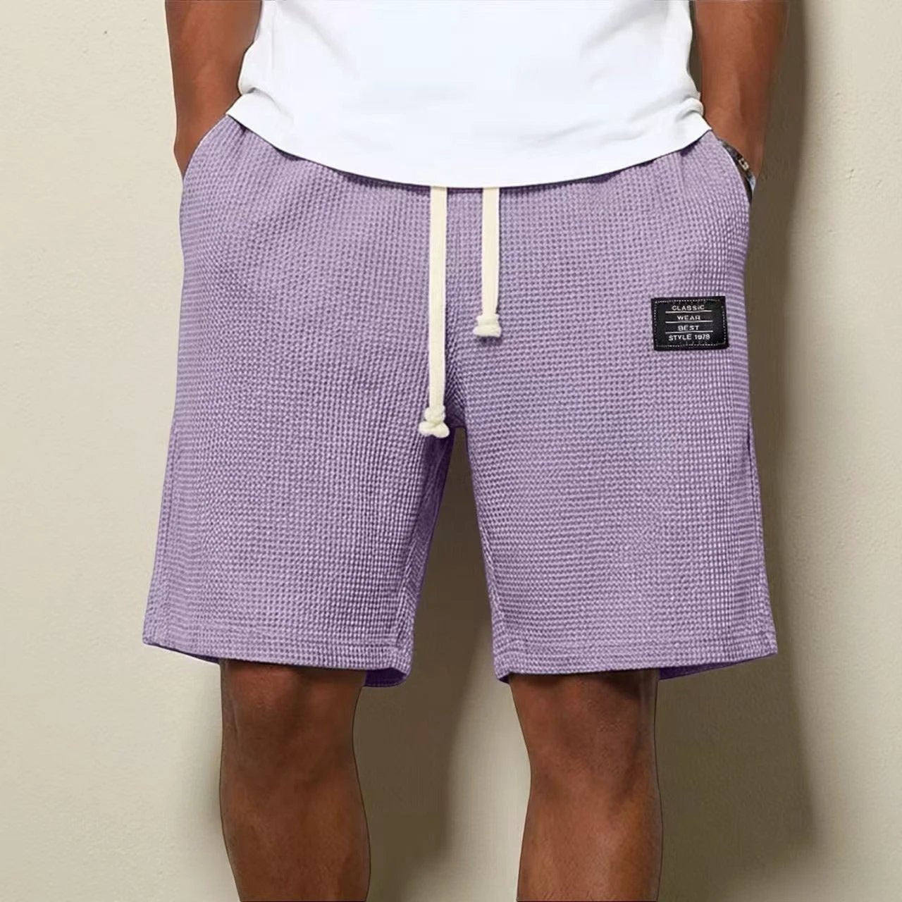 Men's Simple Waffle Knit Embroidered Casual Solid Color Shorts by GJG Denim