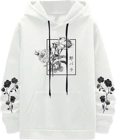 Men's Rose Print Casual Hooded Sweater by GJG Denim