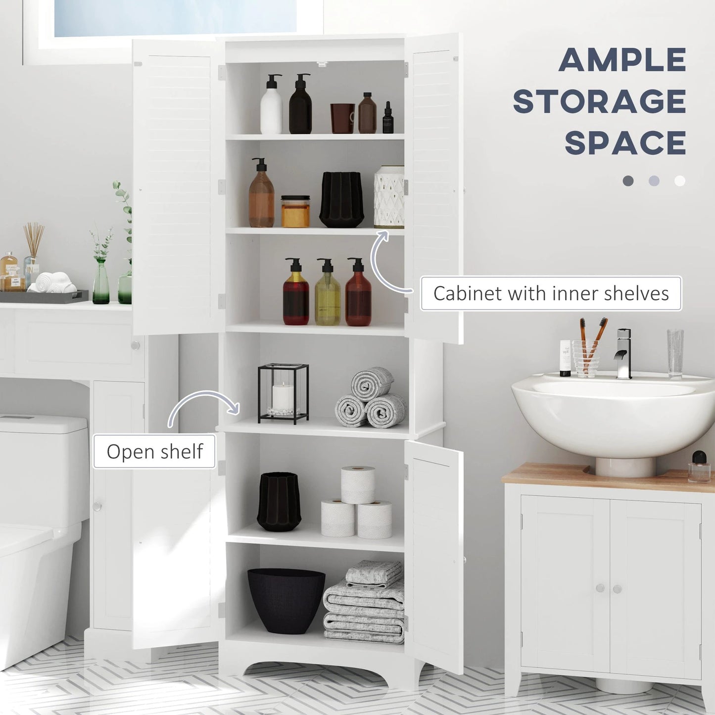 Tall Narrow Bathroom Storage Cabinet with Doors and Shelf Adjustability, Freestanding Linen Cabinet with 2 Cabinets and Countertop, White by GJG Denim