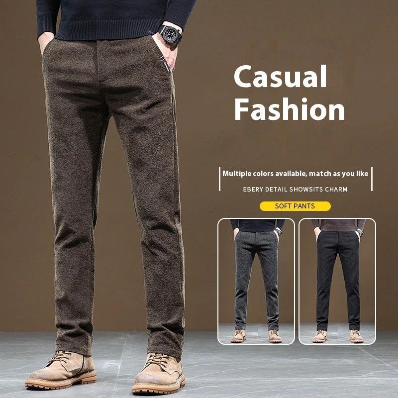 Men's Slim Fit Straight Fleece-lined Thick Business Casual Pants by GJG Denim