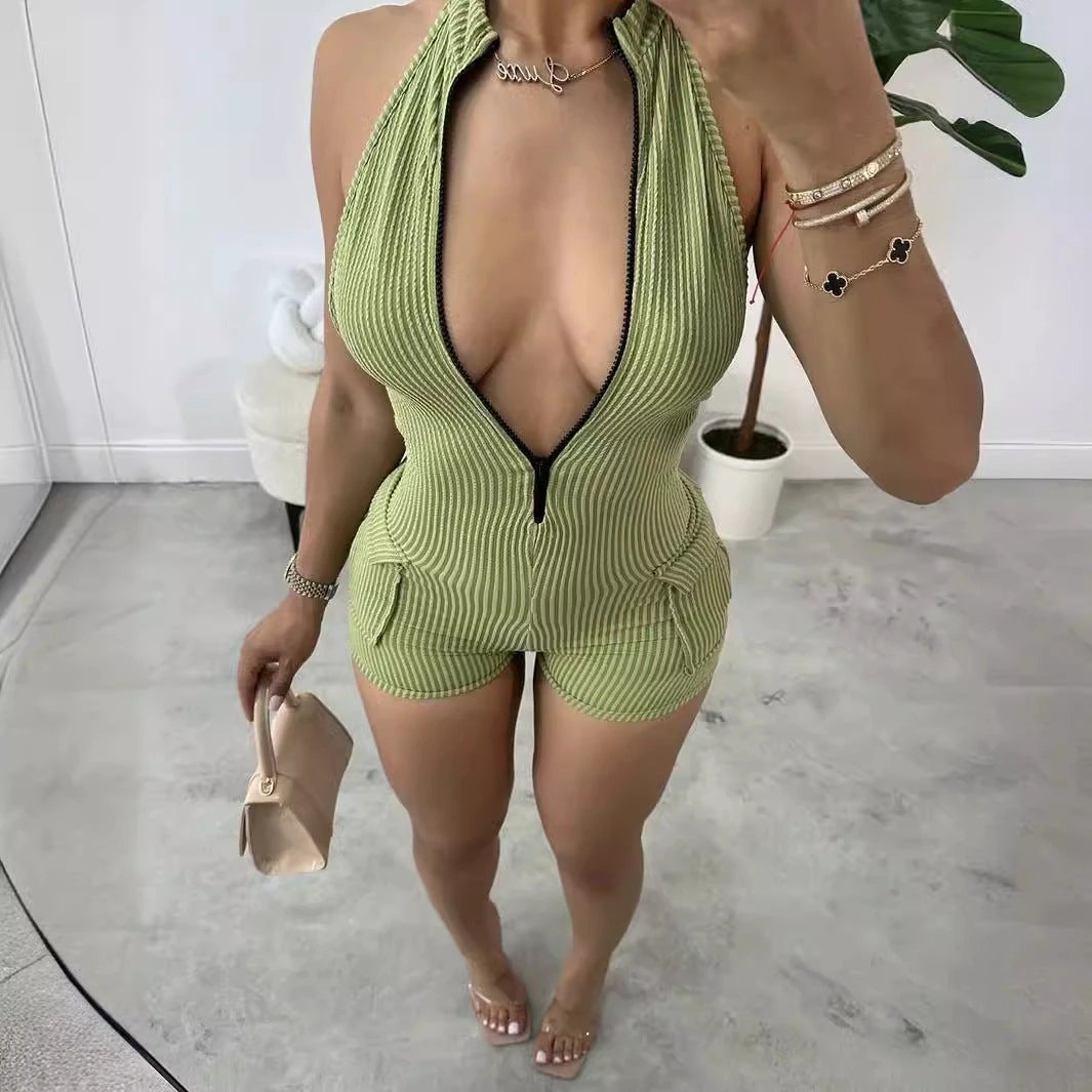 Zipper Sunken Stripe Design Sexy Tight Shorts One-piece by GJG Denim