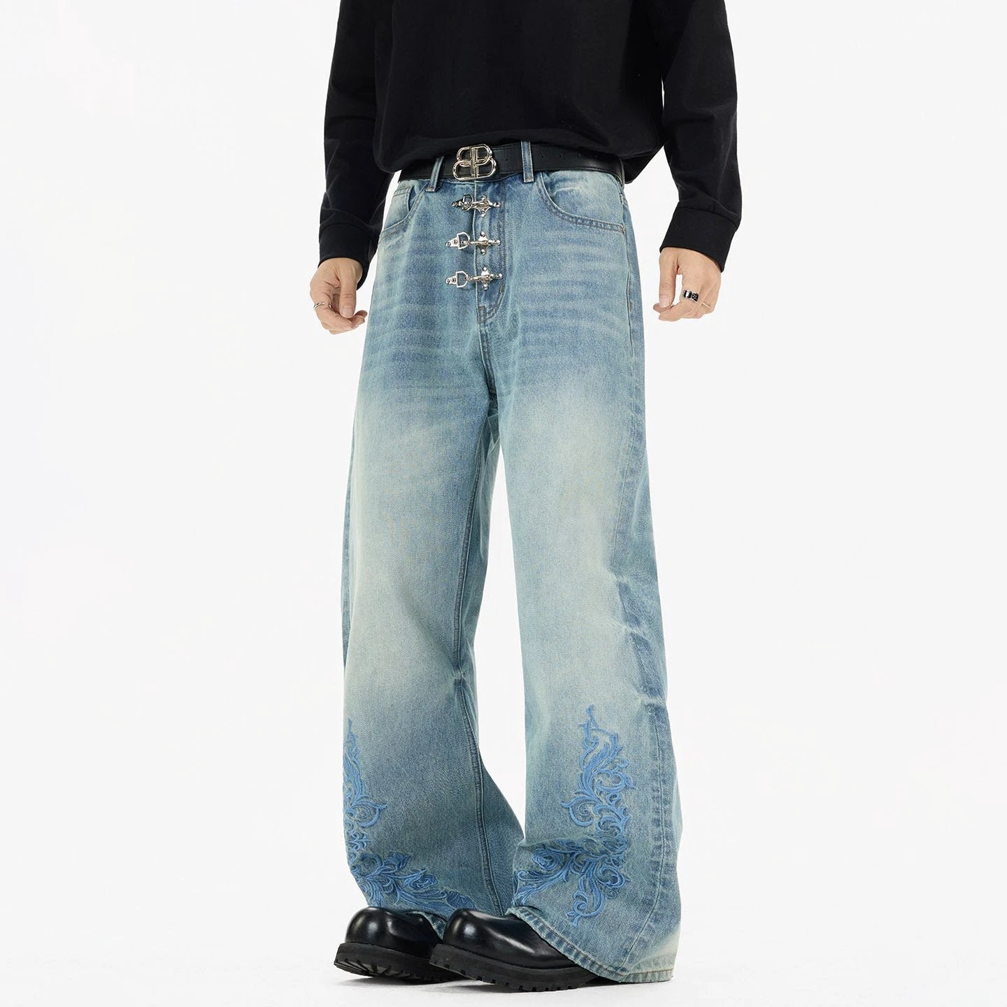 Men's Distressed Loose Straight-leg Bootcut Jeans by GJG Denim