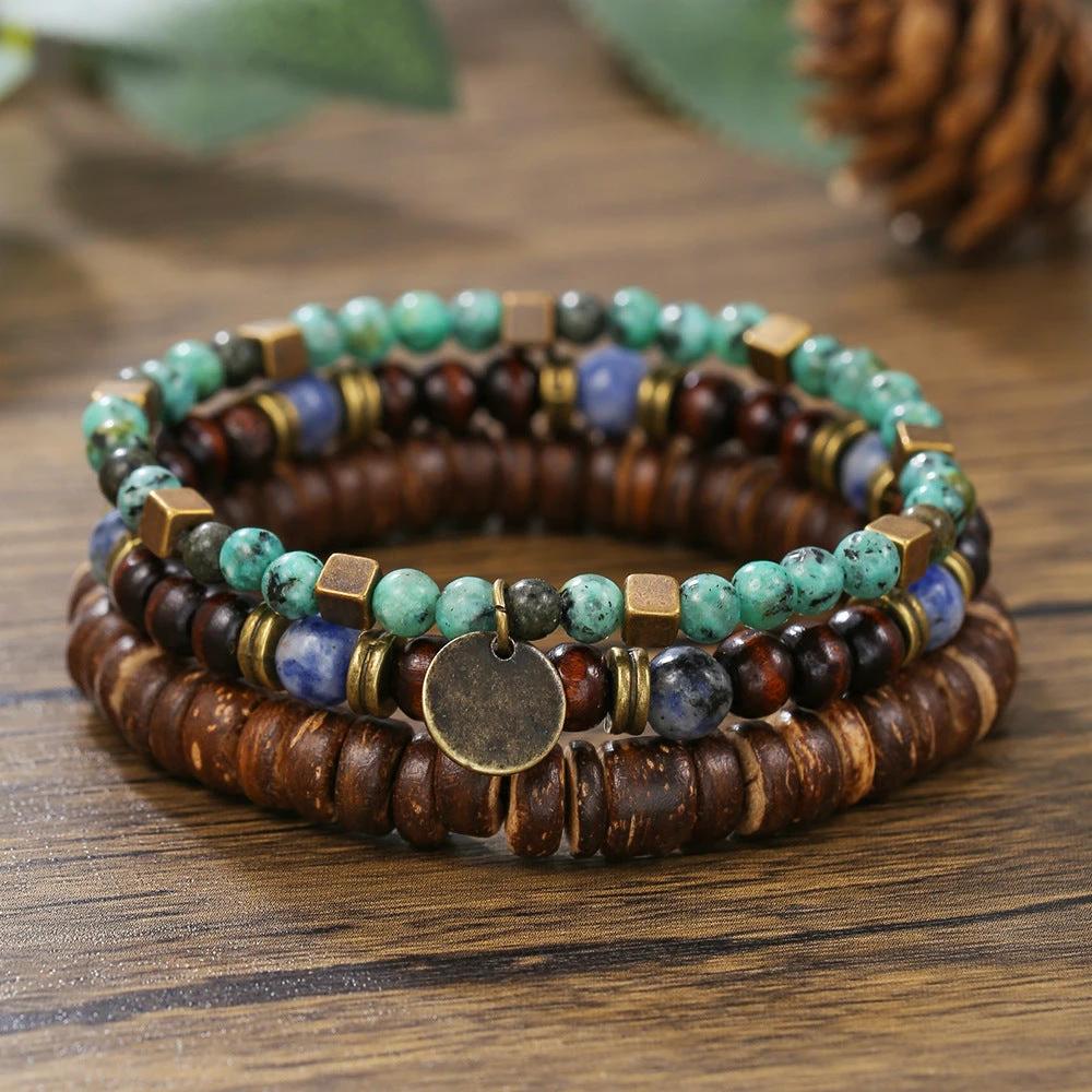 Retro Men's Coconut Wood Multi-Layer Stackable Bracelet Set by GJG Denim