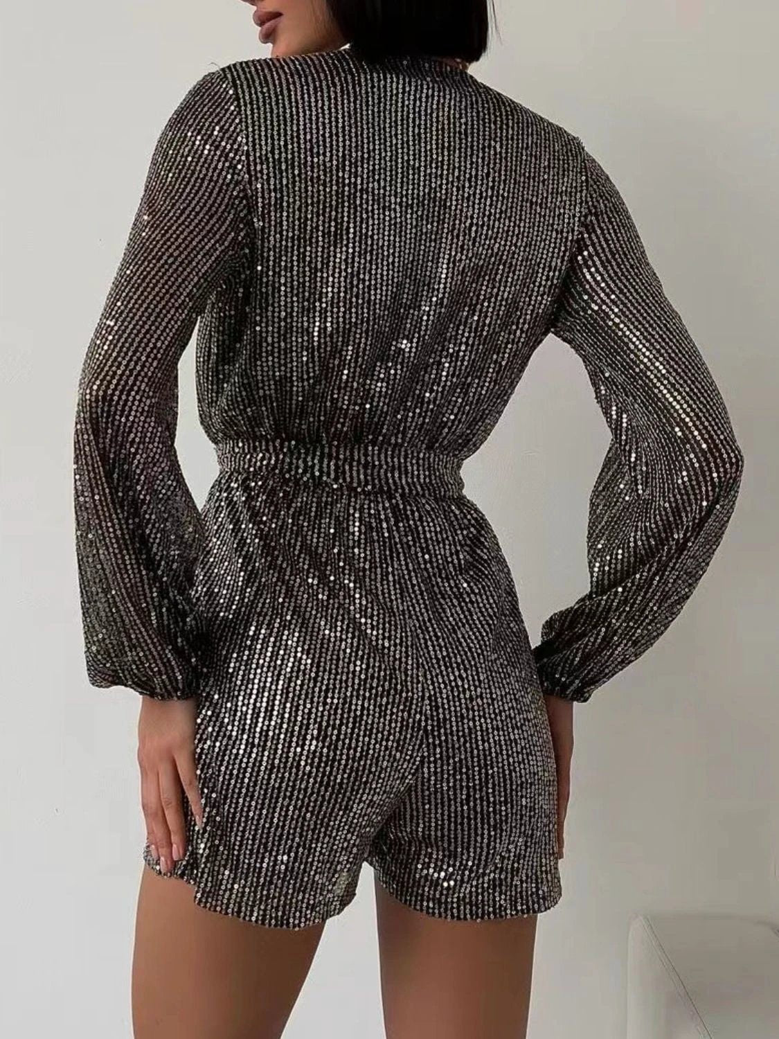 Full Size Sequin Surplice Tie Waist Long Sleeve Romper by Lady Ros