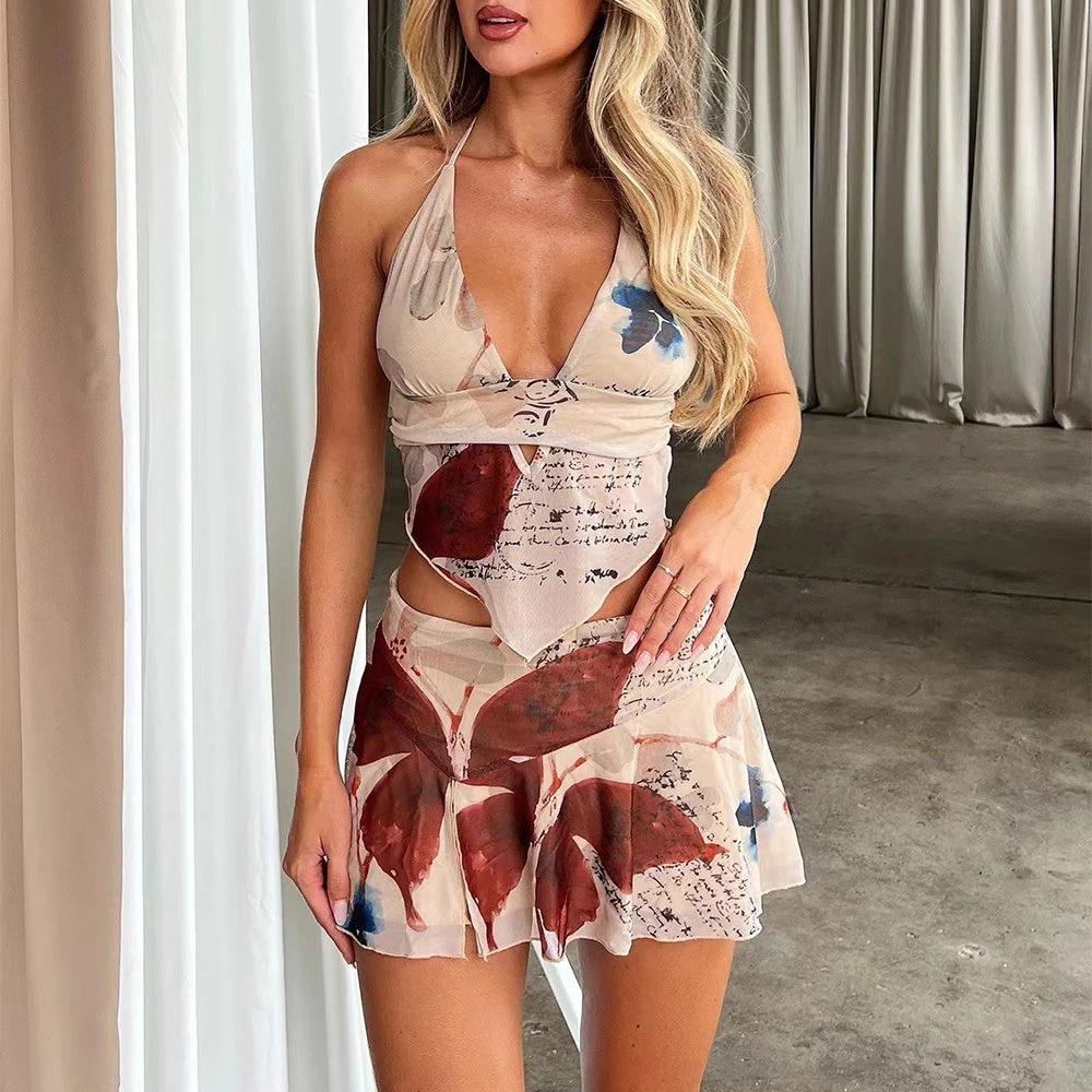 2Pcs Printed Suit Summer Sexy V-neck Halter Top And Pleated Short Skirt Women's Dress Set Clothing by GJG Denim