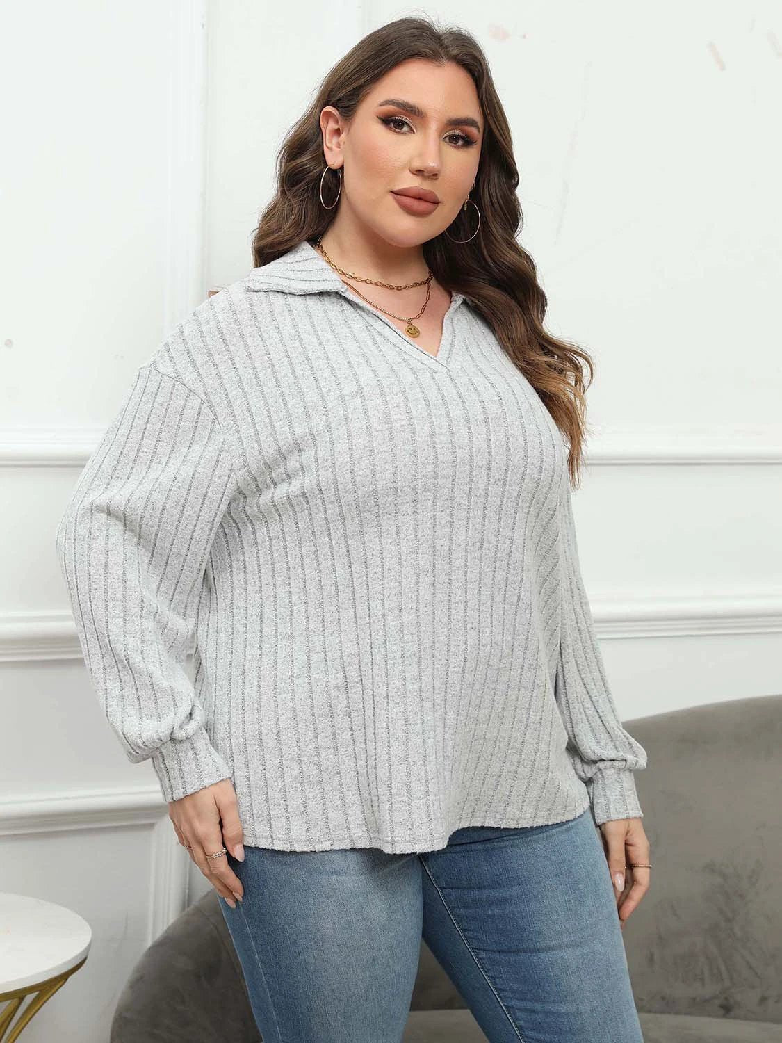 Plus Size Ribbed Collared Neck Long Sleeve Blouse by Lady Ros