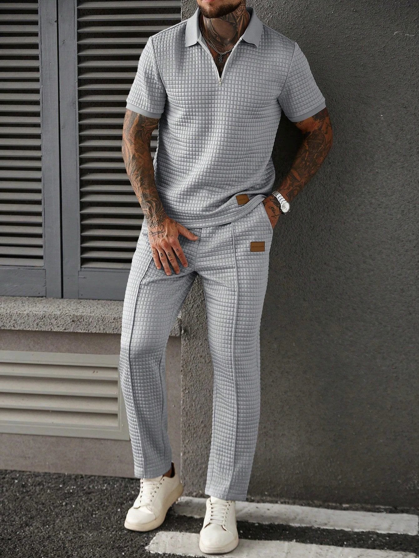 Casual Zip-Up Polo Shirt Top And Pants Two-Piece Set For Men by GJG Denim