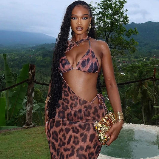 Women's Casual Leopard-Print Halterneck Maxi Dress Two-Piece Set by GJG Denim
