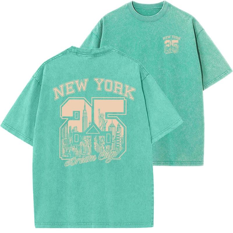 New Vintage Print Washed Short-sleeved T-shirt by GJG Denim