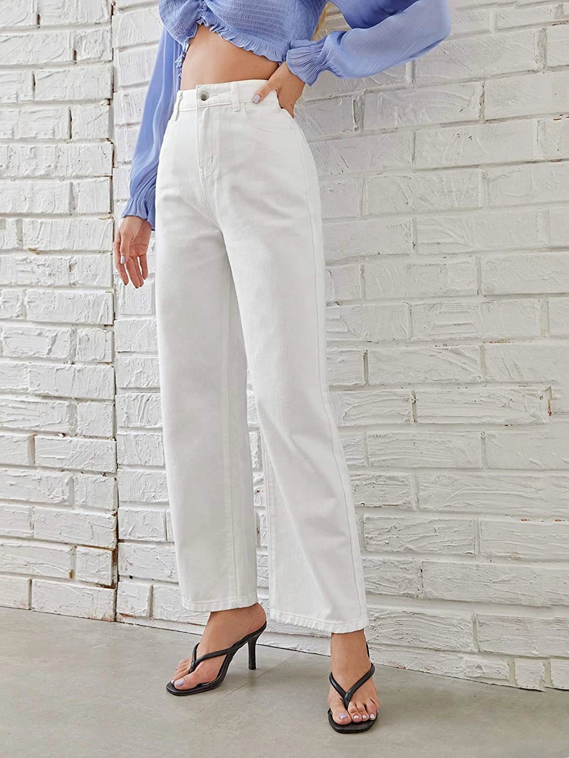 Washed Fashion Straight Jeans Women's Mid Waist by GJG Denim