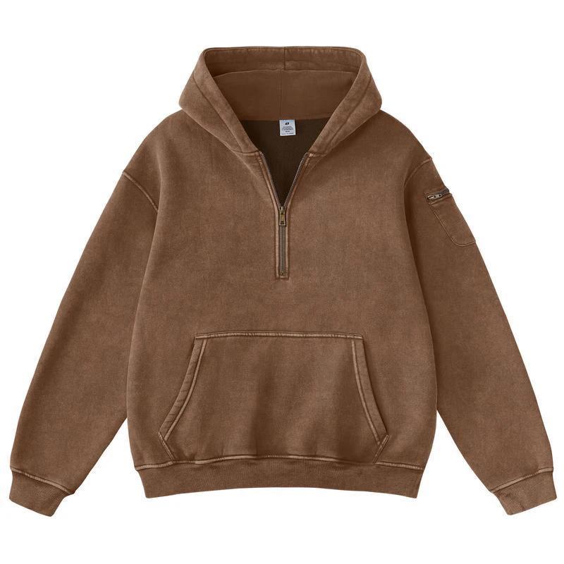 Men's Solid-Color Zip-Up Casual Loose Long-Sleeve Hoodie by GJG Denim