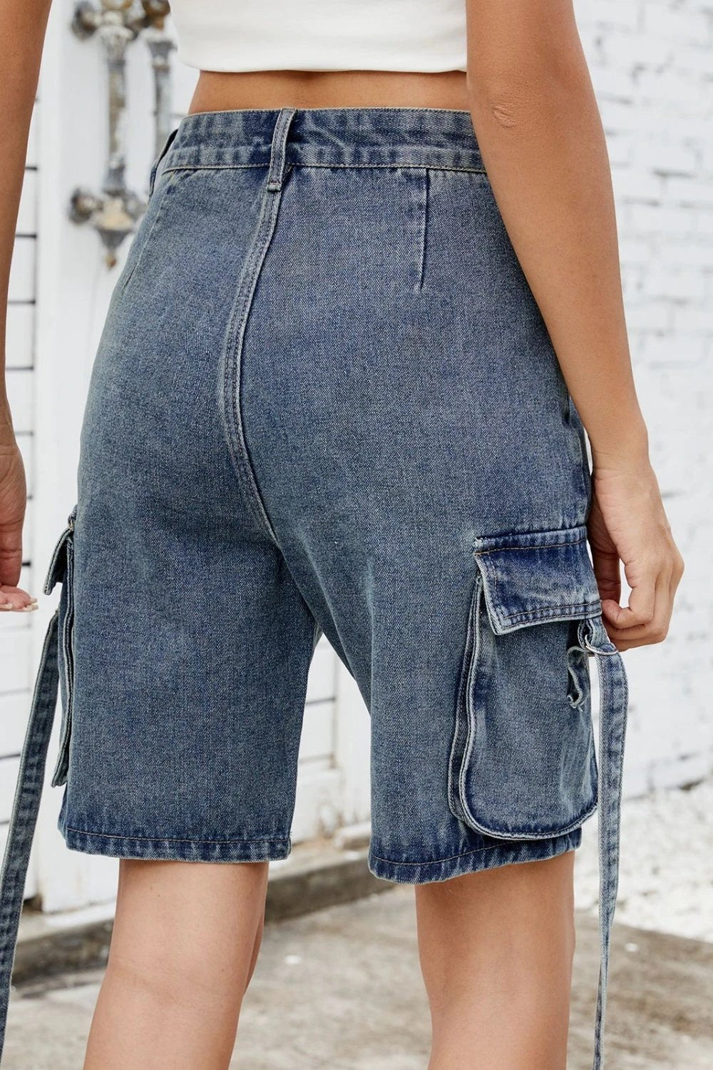 Washed Cargo Denim Shorts by Lady Ros