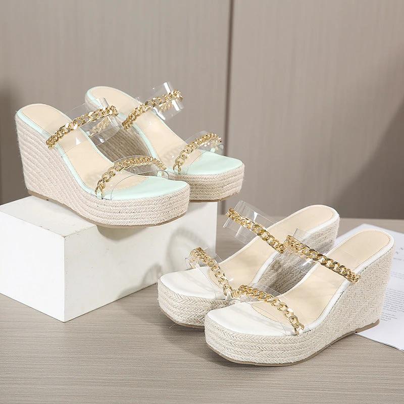 Square Toe Sandals, Wedge Heel, Transparent Film, Metal Chain Sandals by GJG Denim