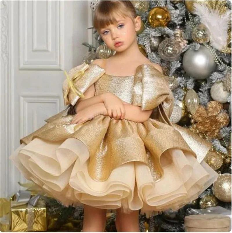 New Gold Satin One Year Old Celebration Dress Western Style Baby Girl Princess Dress by GJG Denim
