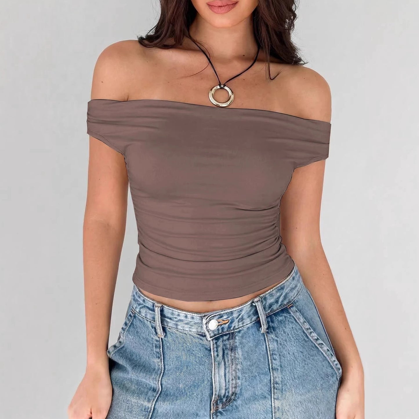 Off-shoulder Spicy Girl Base T-shirt For Women by GJG Denim