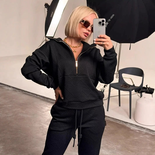 Loose Zip Top Drawstring Trousers Two-piece Set by GJG Denim
