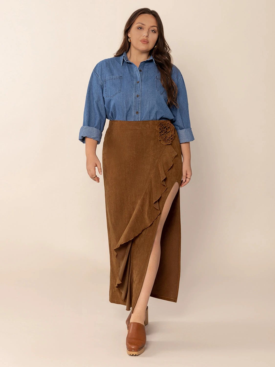 Plus Size Ruffled Slit High Rise Skirt by Lady Ros