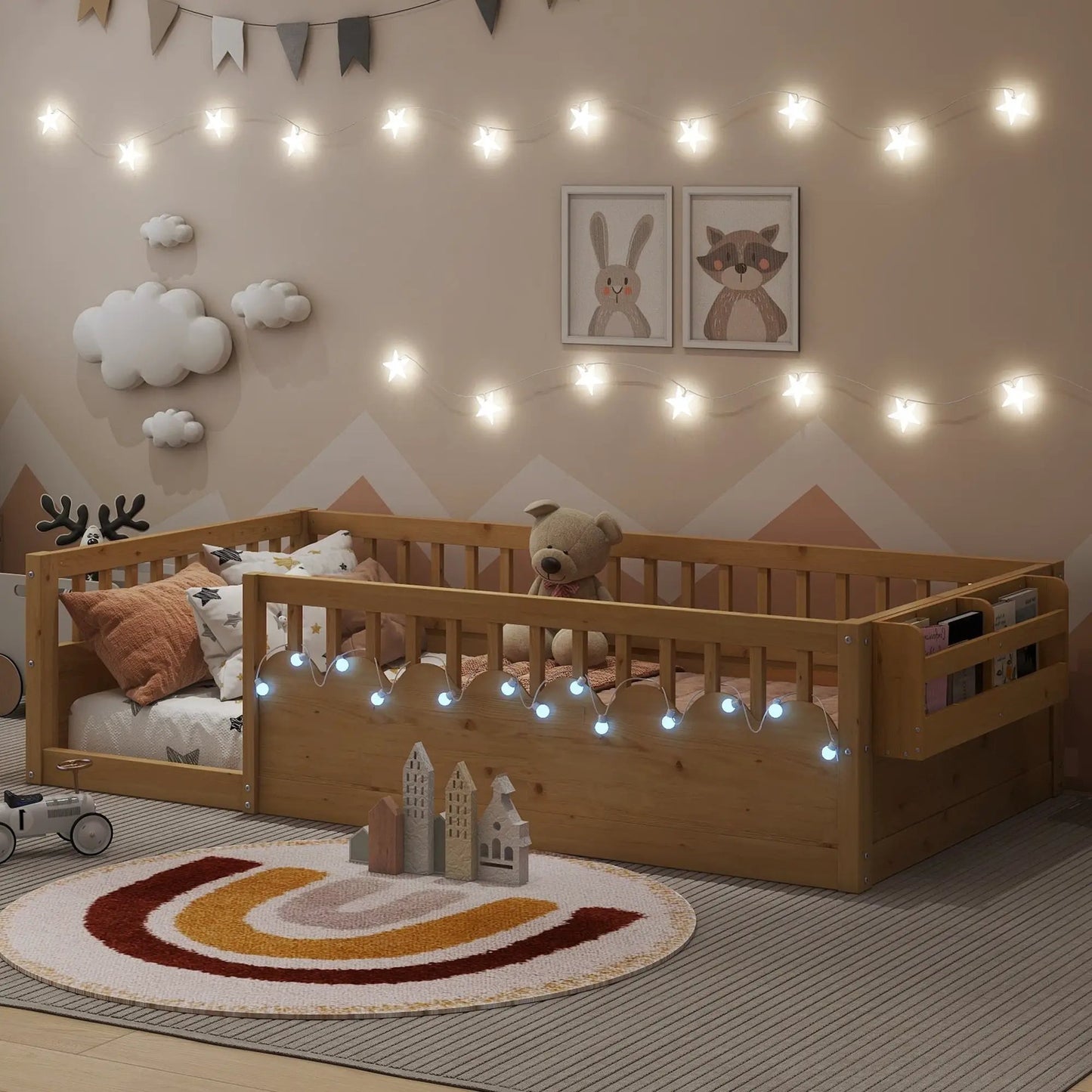 Twin Montessori Floor Bed Frame With High Rails, Wood Kids Floor Beds With Light And Storage Shelf, Natural by GJG Denim
