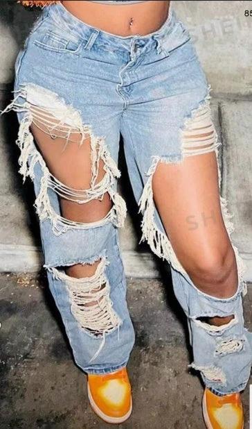 Street Vintage Slant Pocket Distressed Frayed Ripped Cut Out Straight Leg Jeans Casual Comfort Denim Pants by GJG Denim